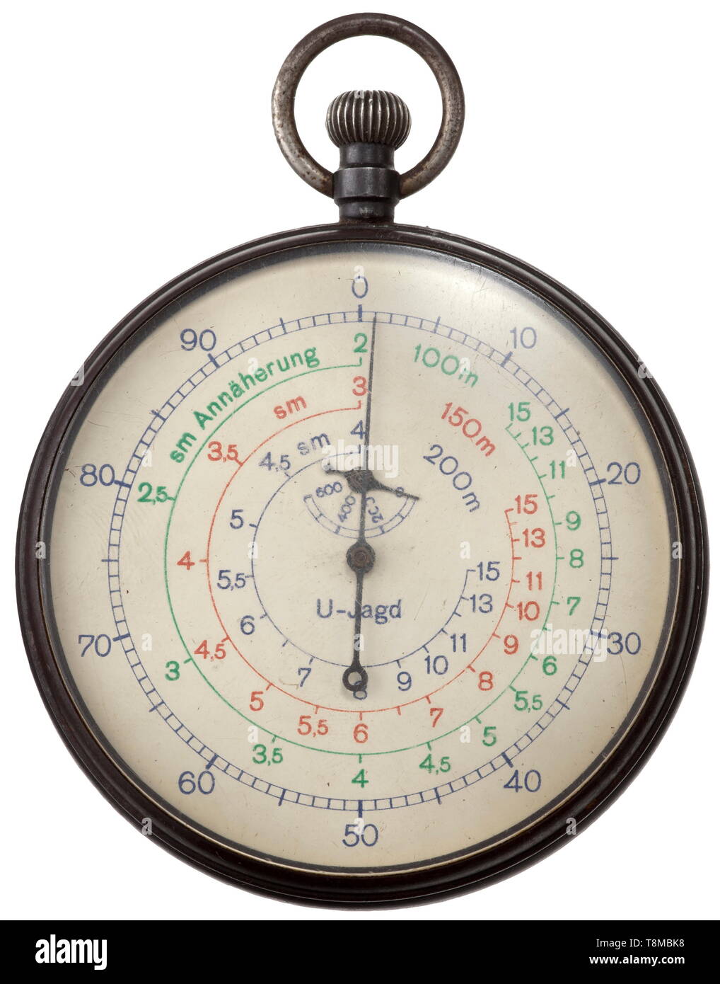 A U-boat stopwatch by Junghans Watch for the estimation of the sink and approach speed of water bombs. Made by Junghans, movement cal. 29c, marked no. '9638U' and '29C'. White face with colour indicators, 1/100-min-scale, three concentric circles with 'sm Annäherung' for 100, 150, 200 meters and small hand with '0, 200, 400, 600' indication. Detachable iron lid at reverse side, engraved with national eagle and letters 'KM'. Diameter 70 mm, watch not in functioning order, in need of overhaul. Cf. Knirim, Militäruhren, p. 252. Rare piece of equipment of the German submarine w, Editorial-Use-Only Stock Photo