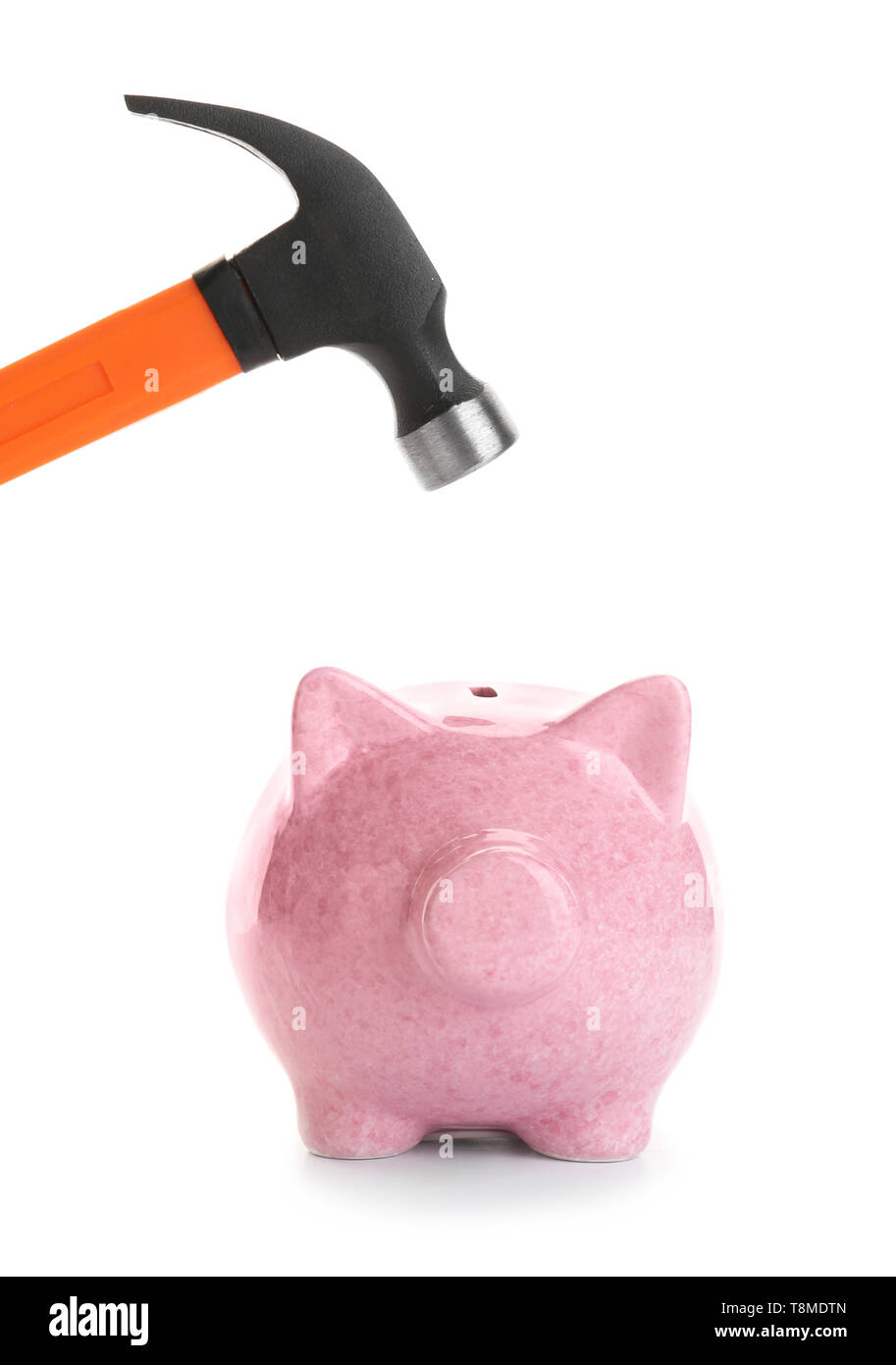 Hammer over piggy bank on white background Stock Photo - Alamy