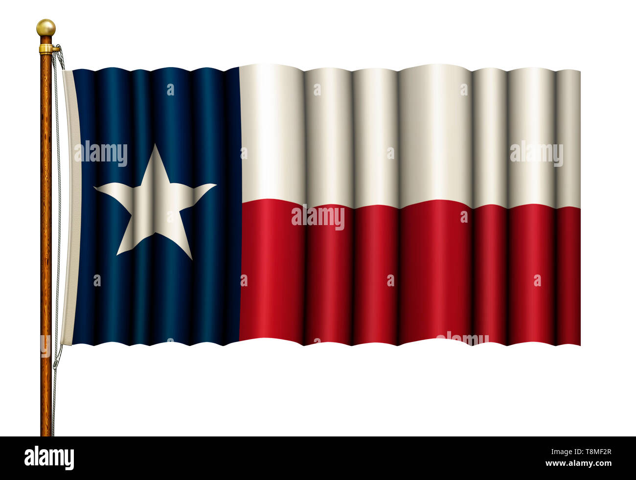 Stylized Texas flag waving from a wood and brass flag pole. 3D