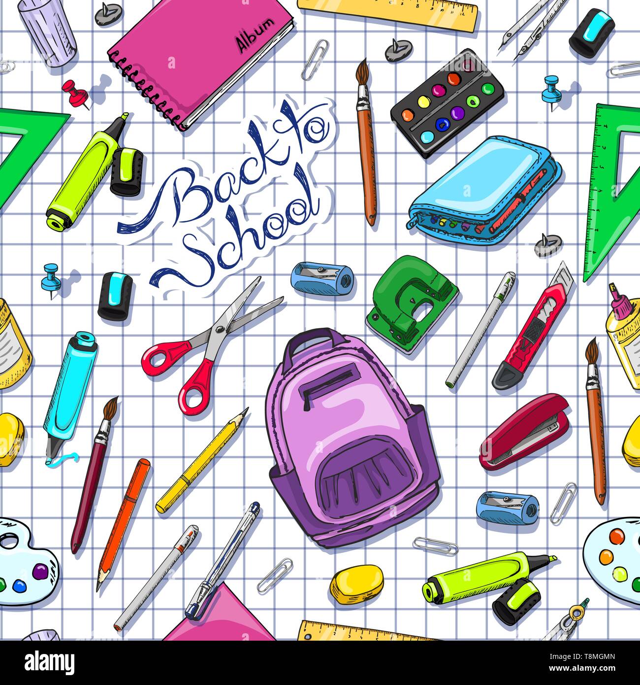 Seamless pattern with school supplies. Vector illustration for your design Stock Vector