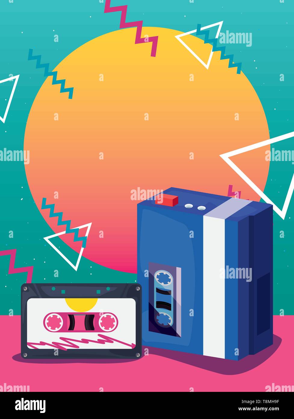 walkman portable music cassette retro 80s style memphis background ...