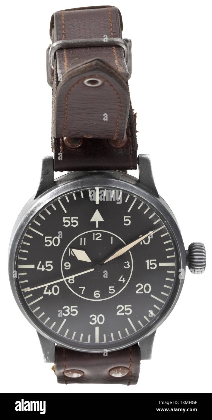 An observer's watch of the German Luftwaffe by Lacher & Co, Pforzheim Black dial with outer minute track and inner hour track. Luminescent indicators and hands filled with luminous material. Grey lacquered case marked 'FL 23883' at side, original riveted leather armband. Gilt works 'Laco 22 Steine' in calibre D5 Durowe (Deutsche Uhren-Rohwerke) with 22 precious stones, Guillaume balance wheel and Breguet spring, serial number '1648'. The lid with identical serial number, the interior stamped 'Beobachtungsuhr - Bauart DUROWE - Gerät-Nr. 127-5608 - Werk-Nr. H 1648 - Anforderz, Editorial-Use-Only Stock Photo