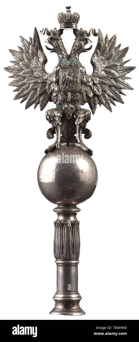 A flag finial M 1857 for Russian guard regiments Silver-plated bronze. Finely chased and engraved Russian double-headed eagle. Height 33 cm. Small repair at back. Good, used condition. Very rare. Cf. Zweguintzow, Russische Fahnen, Paris. historic, historical, 19th century, Additional-Rights-Clearance-Info-Not-Available Stock Photo