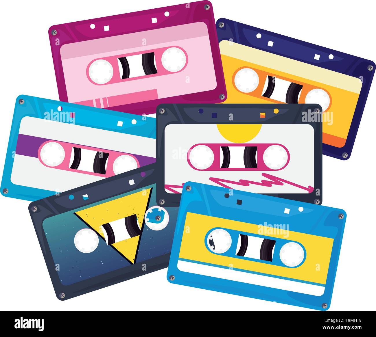 cassette tapes music rainbow retro 80s style vector illustration Stock