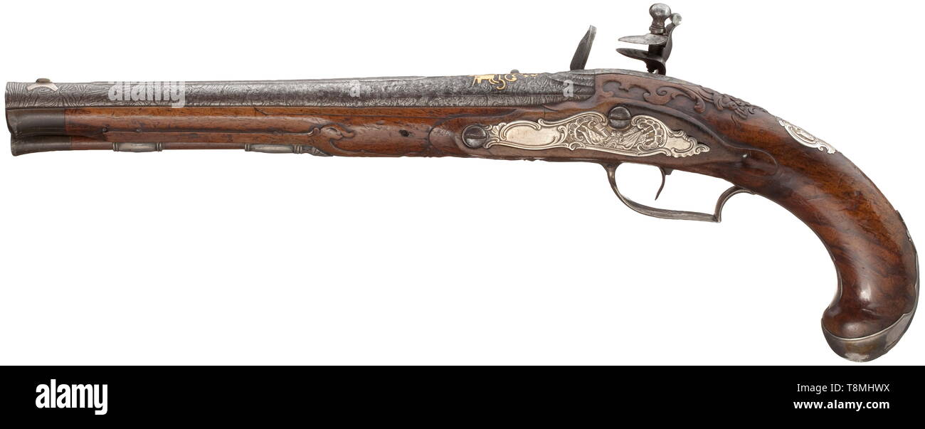 A splendid German flintlock pistol, circa 1760 Round Damascus barrel ...