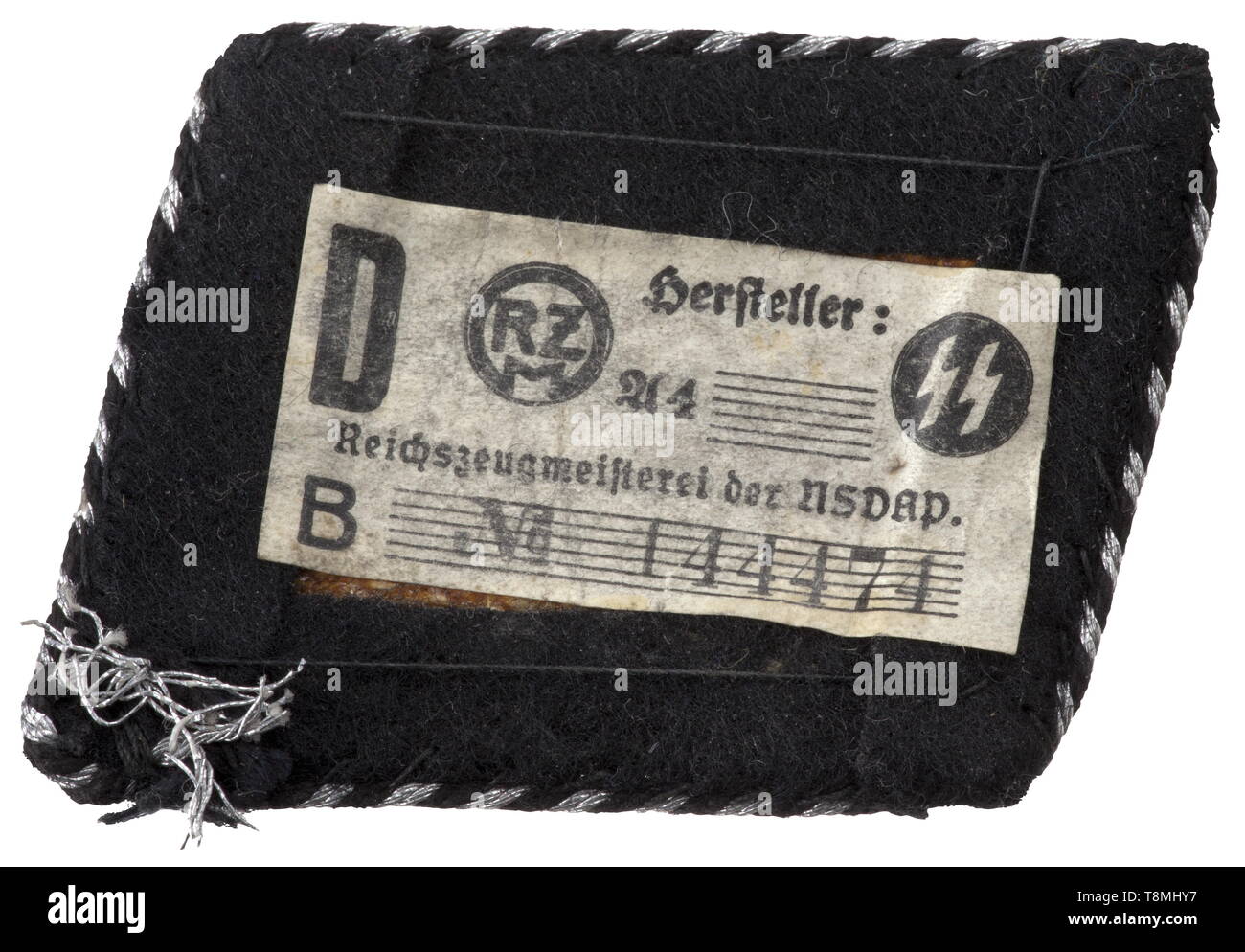 A collar patch for an SS leader of the 3rd SS-Standarte 'Der Führer' Hand-embroidered '3' and SS runes in silver wire thread, continuous black-silver corded trim, the reverse with an SS/RZM-paper tag. historic, historical, 20th century, 1930s, 1940s, Waffen-SS, armed division of the SS, armed service, armed services, NS, National Socialism, Nazism, Third Reich, German Reich, Germany, military, militaria, utensil, piece of equipment, utensils, object, objects, stills, clipping, clippings, cut out, cut-out, cut-outs, fascism, fascistic, National Socialist, Nazi, Nazi period, Editorial-Use-Only Stock Photo