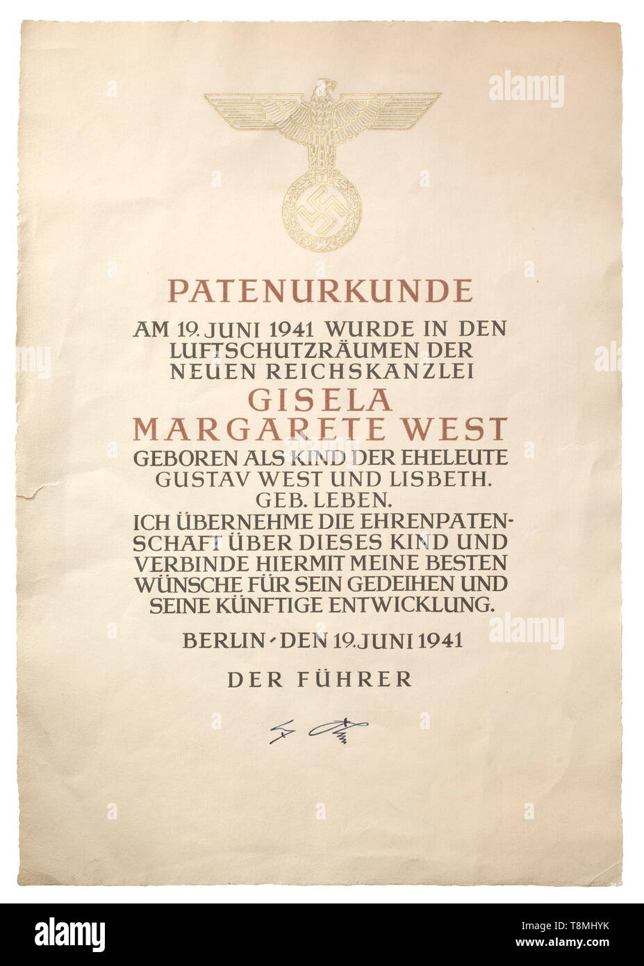 Adolf Hitler - a godparent document from the Reich Chancellery Large-format document, rendered in multiple-colours for the birth of Gisela Margarete West. The child of the married couple Gustav and Lisbeth West was born on 19 june 1941 in the air raid shelter of the New Reich Chancellery. Original signature of Adolf Hitler at the bottom, centrally small tear and with light signs of age. Dimensions of the document 25.5 x 35.5 cm. One of the rarest documents of the Third Reich period. historic, historical, document, documents, certificate, certificates, NS, National Socialism, Editorial-Use-Only Stock Photo