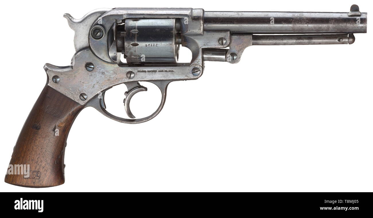 A Starr Arms model 1858 DA army revolver Cal..44, no. 21194. Very good 6" bore, on left and right side inspector's mark "B". Six-shot cylinder. On left side of frame manufacturer's name, patent data on the right, at front number and stamp "JG". Smooth walnut grip panels with several hardly legible inspector's marks. Beautiful finish with distinct traces of usage. Press and trigger with remnants of colour case hardening. Erwerbsscheinpflichtig. historic, historical, USA, United States of America, American, object, objects, stills, clipping, clippi, Additional-Rights-Clearance-Info-Not-Available Stock Photo