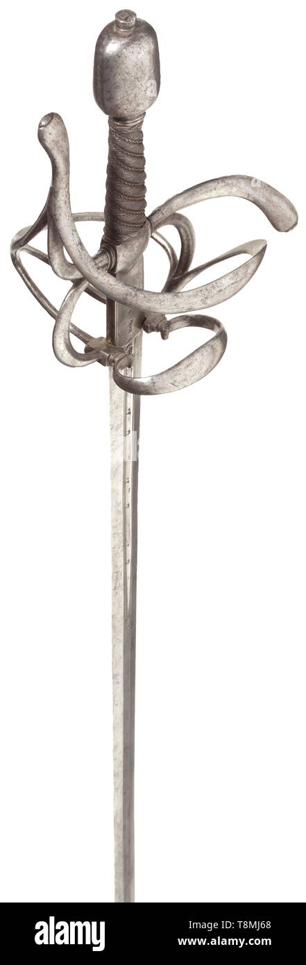 A heavy German sword, circa 1580 Double-edged blade of flattened hexagonal section. The ricasso is stamped with the mark 'S' below a crown on both sides and engraved 'CAINO', each fuller bears the inscription 'E H R E R E H R'. Chiselled iron knuckle-bow hilt with original, spiral iron wire winding, Turk's heads and pointed oval pommel of tapering profile. Beautifully preserved sword with all parts original. Length 114.5 cm. historic, historical, sword, swords, weapons, arms, weapon, arm, fighting device, military, militaria, object, objects, sti, Additional-Rights-Clearance-Info-Not-Available Stock Photo