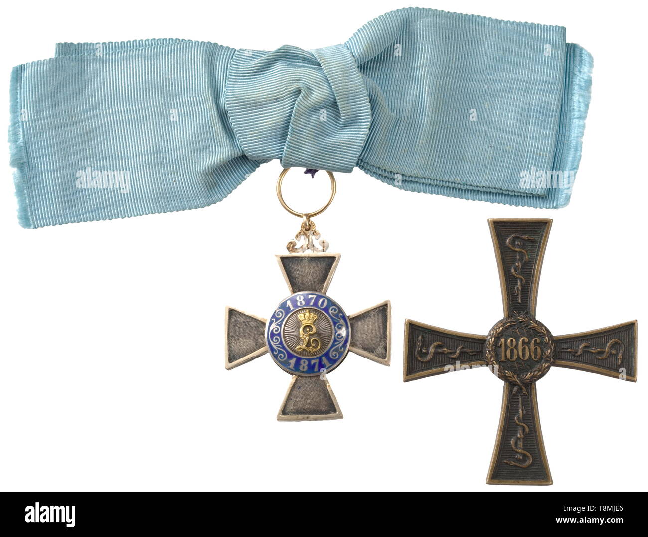 A Commemorative Badge for Meritorious Achievements in the war year 1866 Oxidised bronze cross of the original type produced by the bronzeware manufactory of Christian Hörner in Munich. On a thin attachment pin. Width 46.5 mm. Weight 19 g. The so-called 'Doctor's Cross' was awarded to civilian physicians who hurried to provide assistance during the 1866 war. A total of 359 awards were made. Included is a Merit Cross for the years 1870/71 in good condition on a lady's bow. historic, historical, medal, decoration, medals, decorations, badge of honou, Additional-Rights-Clearance-Info-Not-Available Stock Photo