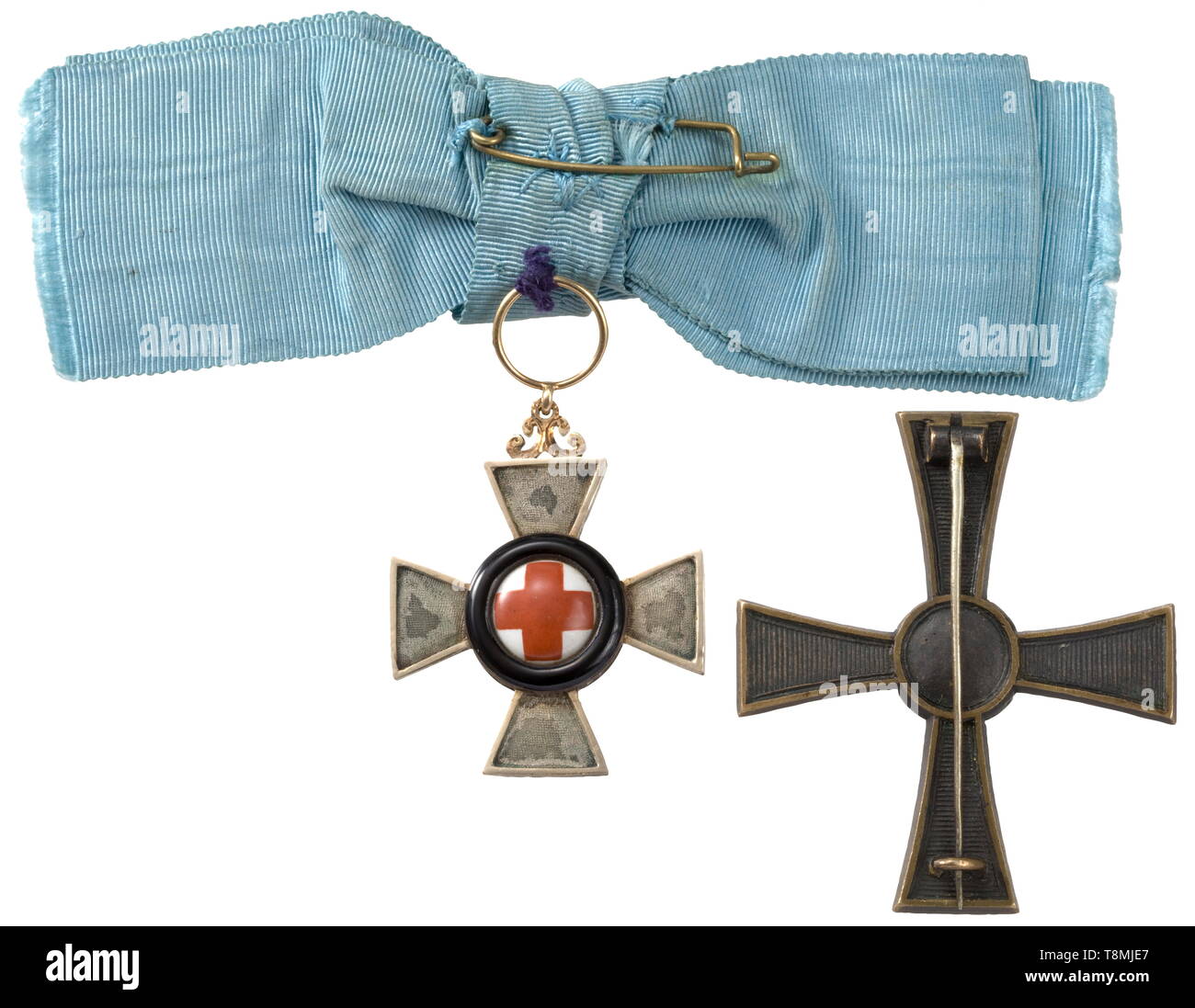 A Commemorative Badge for Meritorious Achievements in the war year 1866 Oxidised bronze cross of the original type produced by the bronzeware manufactory of Christian Hörner in Munich. On a thin attachment pin. Width 46.5 mm. Weight 19 g. The so-called 'Doctor's Cross' was awarded to civilian physicians who hurried to provide assistance during the 1866 war. A total of 359 awards were made. Included is a Merit Cross for the years 1870/71 in good condition on a lady's bow. historic, historical, medal, decoration, medals, decorations, badge of honou, Additional-Rights-Clearance-Info-Not-Available Stock Photo