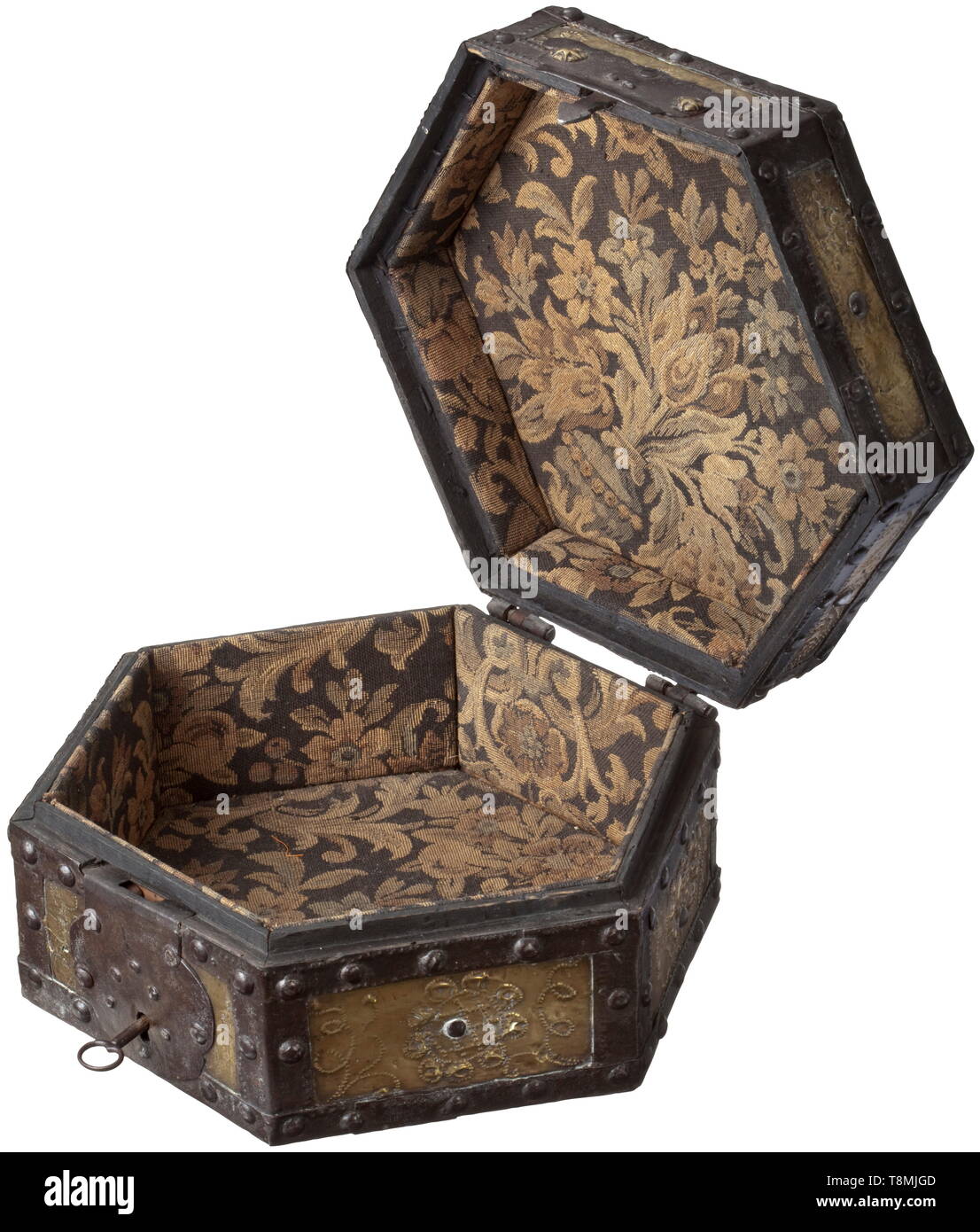 A Dutch hexagonal casket, circa 1680 Wooden body with riveted iron band fittings, the sections applied with finely embossed sheet brass. Obverse lock with two star-shaped brass studs, hollow shank key. The hinged lid with movable iron handle. The interior lined with greenish gobelin cloth featuring blossoms and tendrils. Size 14 x 27 x 23 cm. Provenance: A.J.G. Verster Collection, depicted in: Verster, A.J.G, Bronze - Altes Gerät aus Bronze, Messing und Kupfer, Hanover 1966, no. 56. historic, historical, handicrafts, handcraft, craft, object, obj, Additional-Rights-Clearance-Info-Not-Available Stock Photo