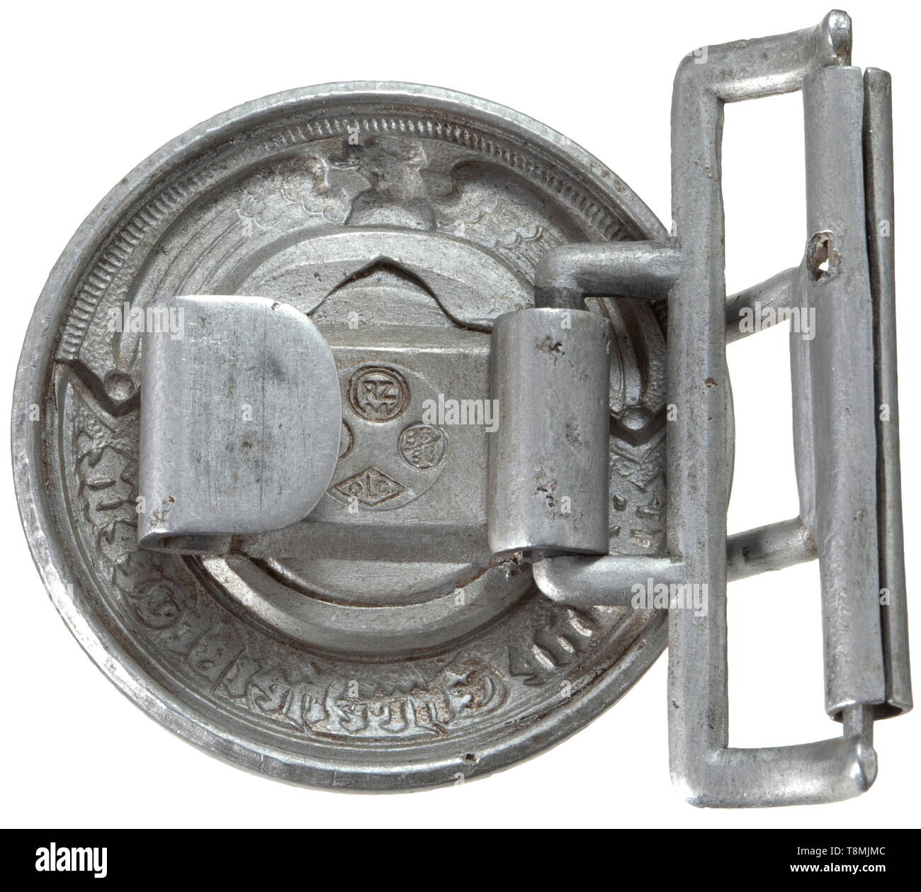 A leather waist belt for leaders Hollow-stamped aluminium buckle with crimped retaining plate and four punch markings upon it: 'RZM', '36/38', 'OLC' and 'SS'. Shortened black leather belt with two slides and a sewn-on pressure brake. historic, historical, 20th century, 1930s, 1940s, Waffen-SS, armed division of the SS, armed service, armed services, NS, National Socialism, Nazism, Third Reich, German Reich, Germany, military, militaria, utensil, piece of equipment, utensils, object, objects, stills, clipping, clippings, cut out, cut-out, cut-outs, fascism, fascistic, Nation, Editorial-Use-Only Stock Photo