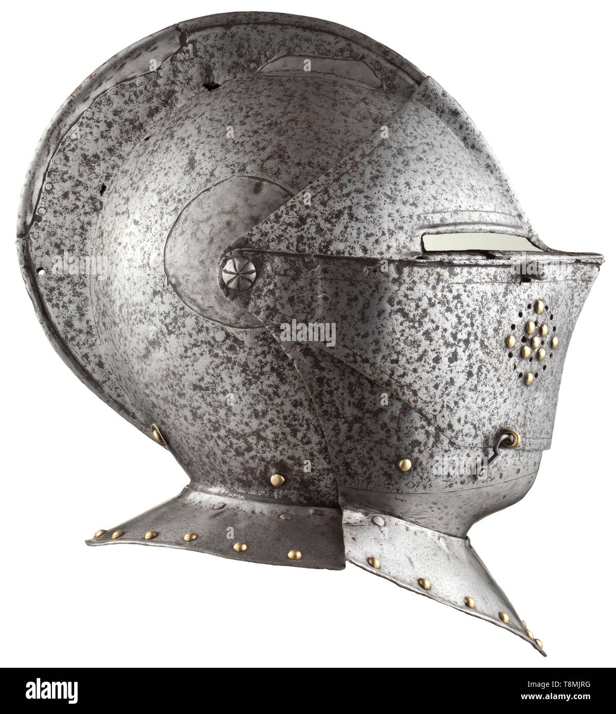 A cuirassier helmet, Flemish/French, circa 1600 Two-piece skull with tall, turned comb. Two-piece pivoted visor with lateral hook-and-eye closure and separated vision slits. The obverse with circular ventilation holes decorated with brass rivets. Pivoted bevor with riveted collar. Several repairs at the comb and visor hinge on the right, both pieces of the gorget added. Height 32 cm. historic, historical, defensive arms, weapons, arms, weapon, arm, fighting device, object, objects, stills, clipping, clippings, cut out, cut-out, cut-outs, utensil,, Additional-Rights-Clearance-Info-Not-Available Stock Photo