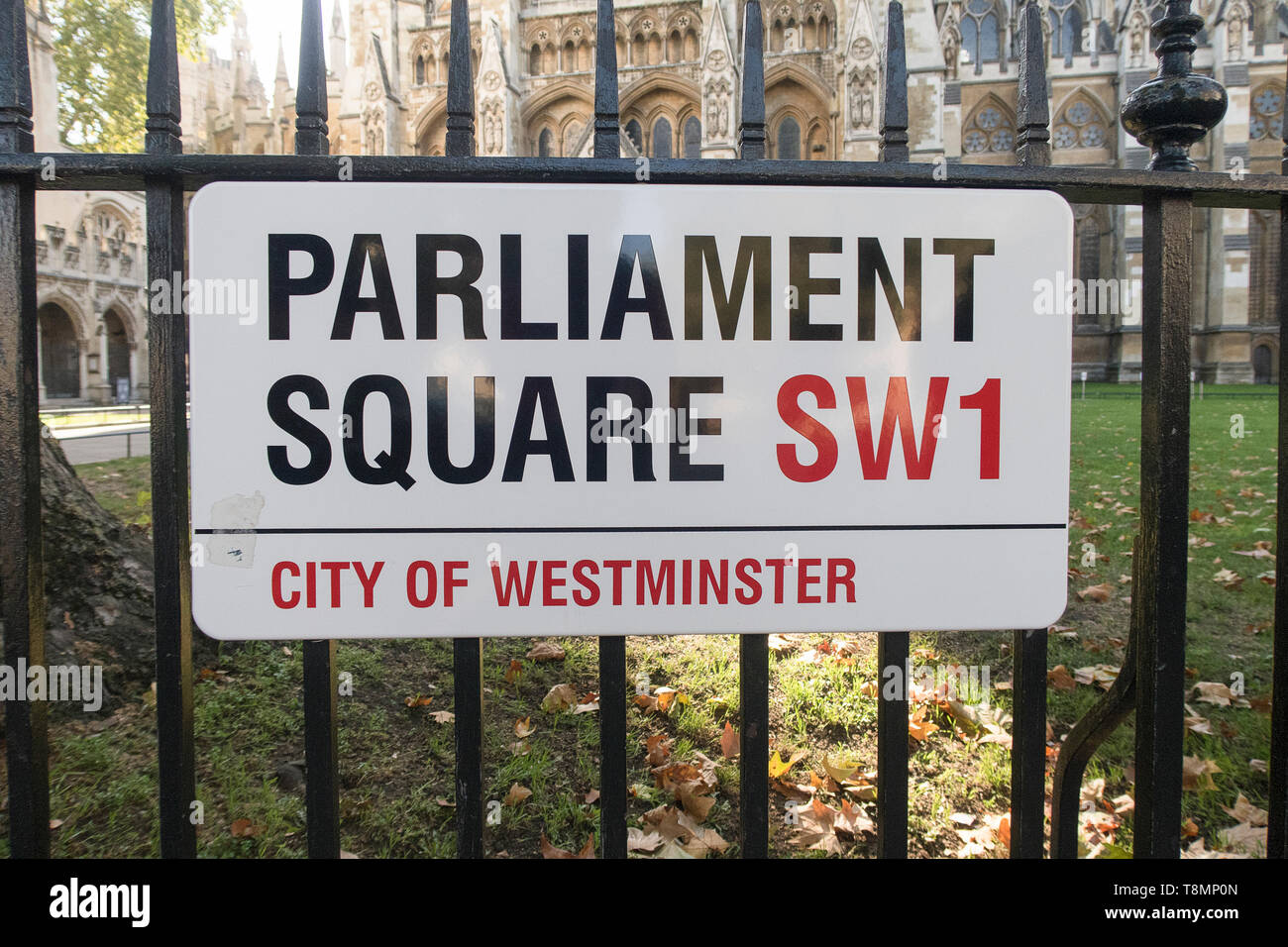 London, United Kingdom - 11 October 2018; Parliament Square street sign in London, in front of the Westminster Abbey a populair tourist location Stock Photo