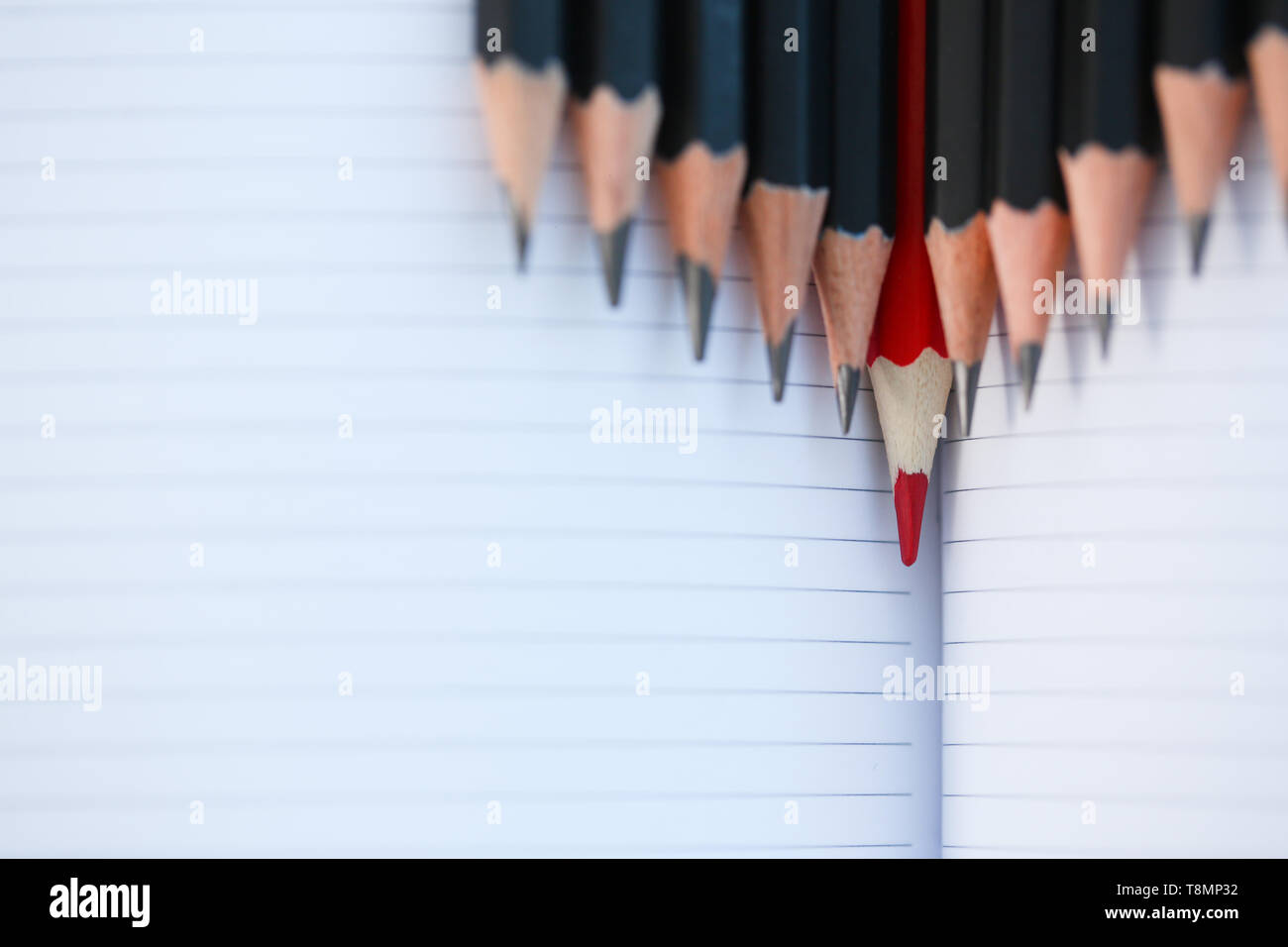Red pencil standing out from crowd of plenty Stock Photo