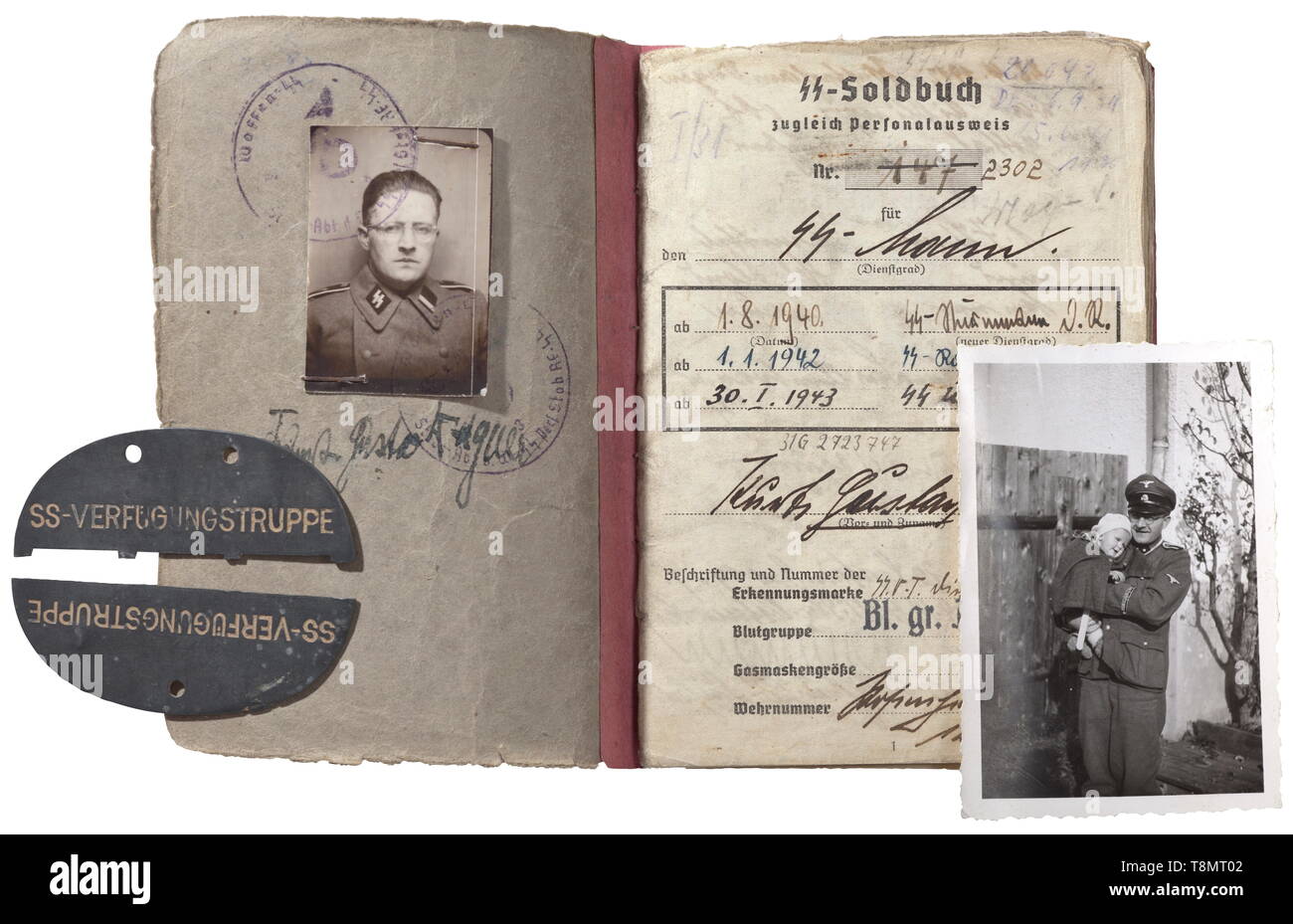 A Soldbuch, identity disc, and photo of Unterscharführer Kurt-Gustav Wagner - on the personal staff of Reichsführer-SS Heinrich Himmler The Soldbuch (paybook) with photo id, issued on 20 September 1939 while assigned to '4. (M.G.)/4.SS-Totenkopfstandarte Ostmark'. With numerous entries like promotions, transfers (personal staff of the Reichsführer, Steinhöring 'Lebensborn'), units, equipment issues, vaccinations, hospital stays, furloughs and more. Included is his identity disc (broken) with designation 'SS-Verfügungstruppe - DIV. 2302' and a photo as an Unterscharführer. H, Editorial-Use-Only Stock Photo