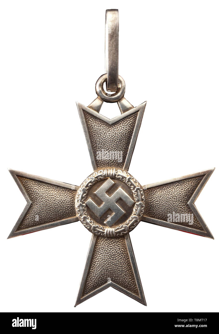 A Knight's Cross of the War Merit Cross Neck cross in silver produced by the Deschler & Sohn firm in Munich. The cross arm surfaces with matte finish, the edges polished, the lower cross arm punched with the Presidential Chancellery number '1' and '900' mark of fineness. With a section of ribbon 40 cm in length. Width 53.2 mm. Weight 33.2 g. The Knight's Cross of the War Merit Cross was one of the highest wartime decorations of the Third Reich, and because the type without swords was awarded only about 55 times it is also one of the rarest. Therefore, in terms of price it h, Editorial-Use-Only Stock Photo