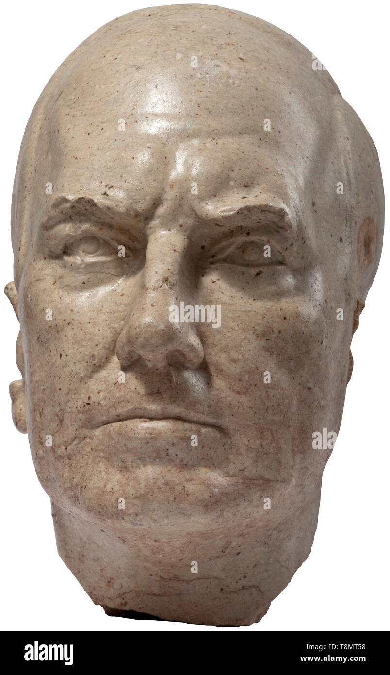 Josef Thorak (1889 - 1952) - a marble head of Dr. Fritz Todt Monumental head depicting the Reich Minister for Armaments Dr. Fritz Todt, made from so-called 'Untersberg' marble (northern Limestone Alps near Salzburg) with reddish inclusions (so-called 'trout marble'), without base, signed on the nape of t 20th century, Editorial-Use-Only Stock Photo