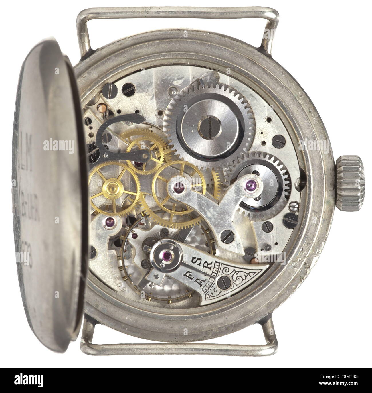 A B-watch for Reichs-Luftfahrtministerium (air ministry) Presumably  assembled by Wempe. Black face, hands with luminous substance. Outside  cover with exterior imprint "RLM NAV. B.-UHR 0373". Mechanism probably by  Minerva. Watch starts running