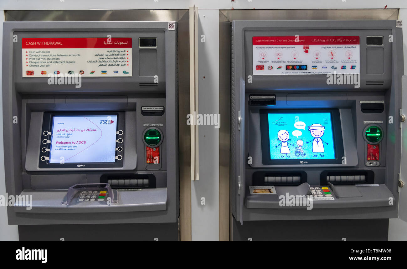 Abu Dhabi, UAE - March 29. 2019. ATMs of Abu Dhabi Commercial Bank Stock Photo