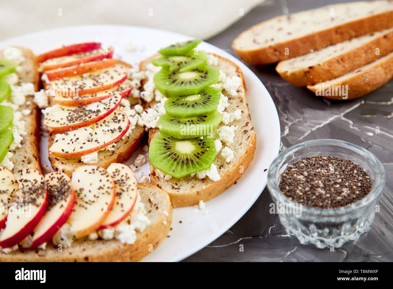 Healthy Breakfast Toasts With Kiwi Apple Cottage Cheese And Chia
