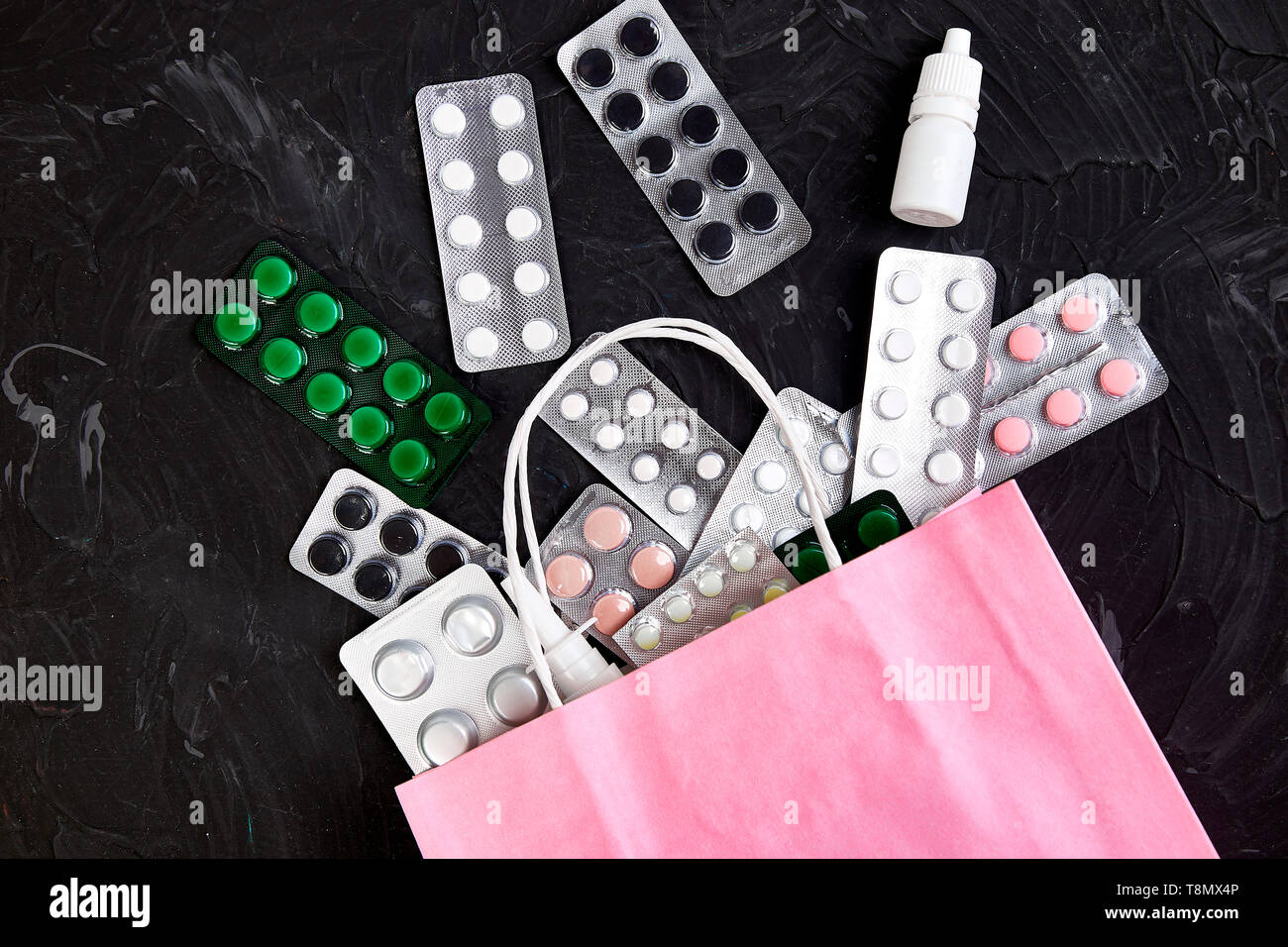 Shopping Bag Assorted Medicine Pills And Blister On Dark
