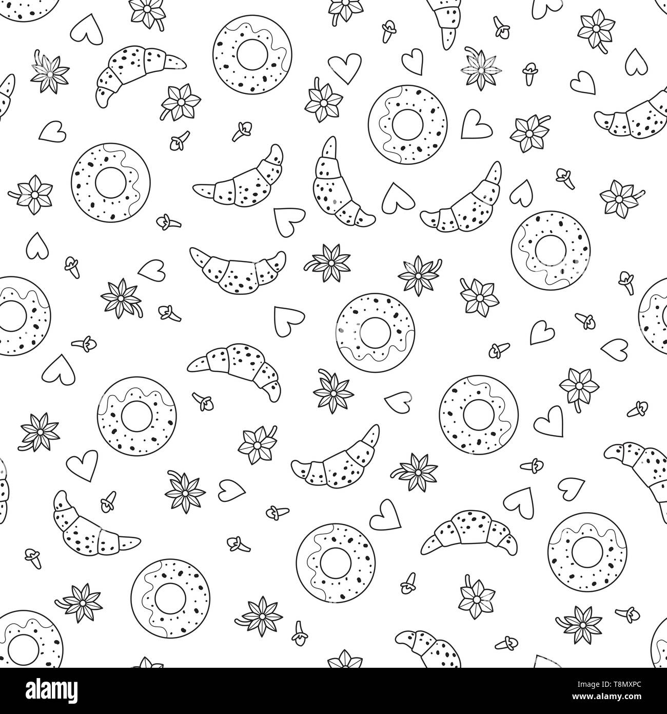 Seamless pattern background with croissants and donut. Baking vector illustration. Vanilla and cloves. Doodle coloring book. Stock Vector