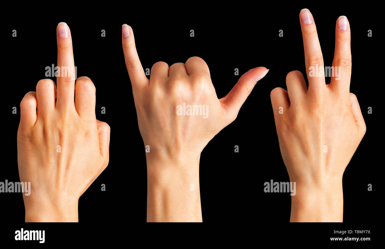 Female hands showing three diferent gestures. Isolated Stock Photo