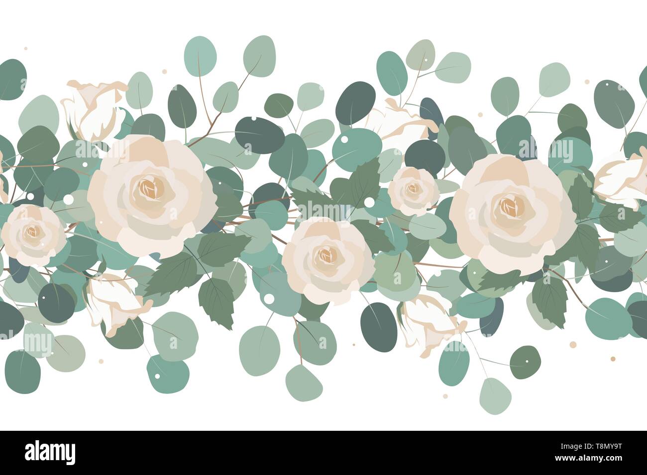 Elegant seamless border from roses and eucalyptus branches. Floral garland. Vector illustration. Stock Vector