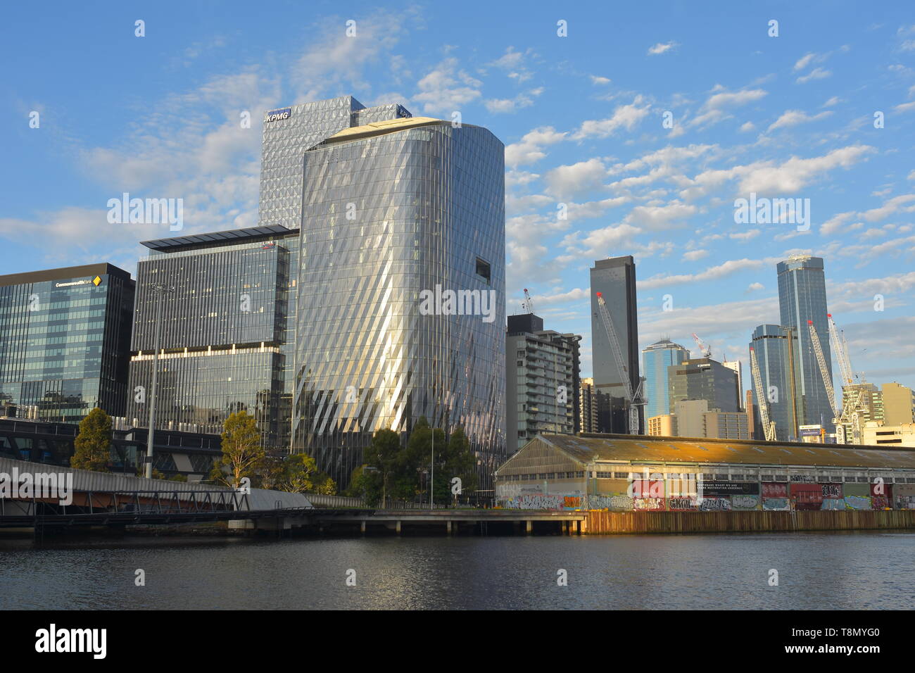 Modern skyscrapers and old industrial buildings of Northbank in Melbourne. Stock Photo