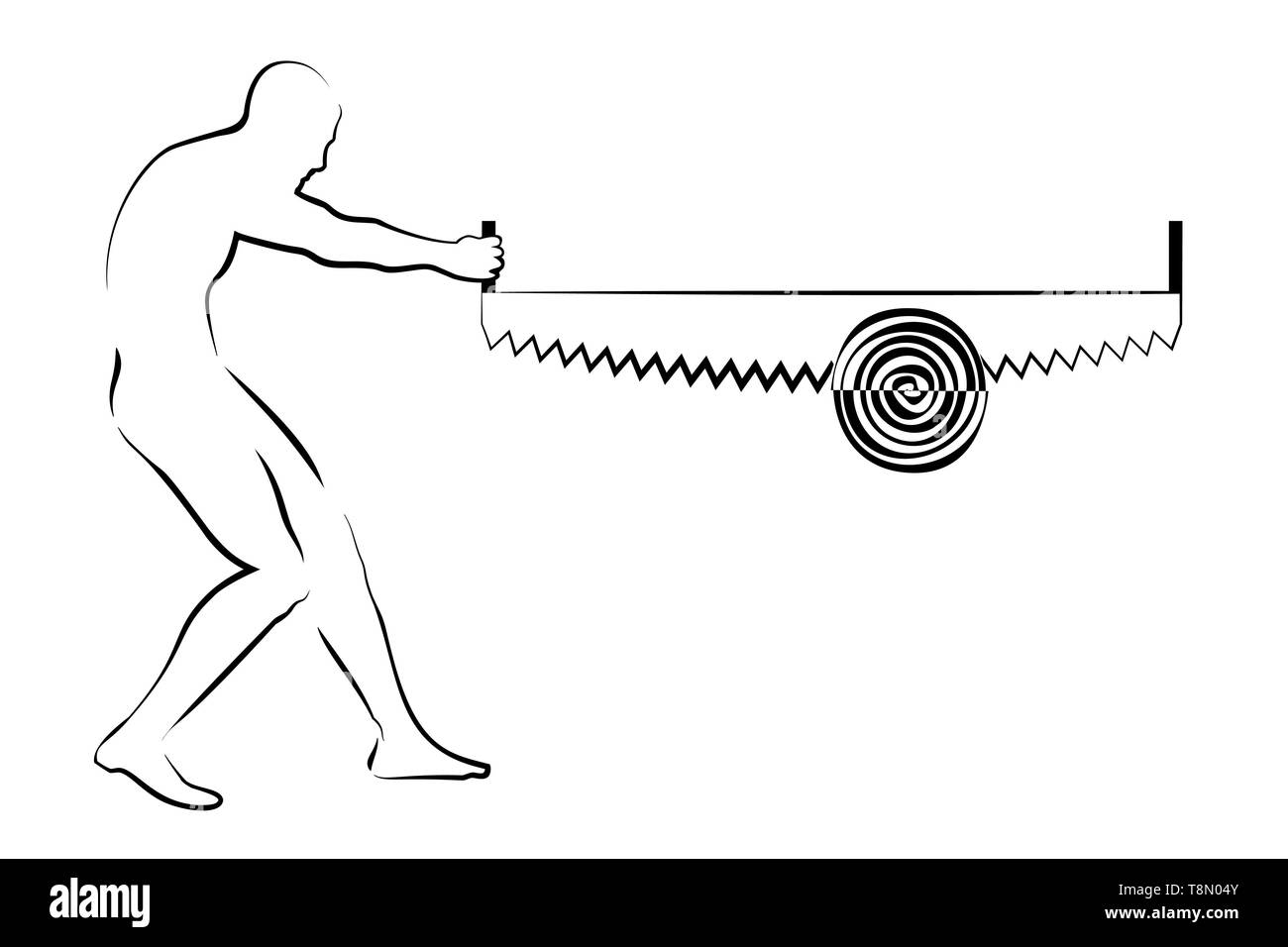 vector drawing of man cutting wood with two hand saw concept of