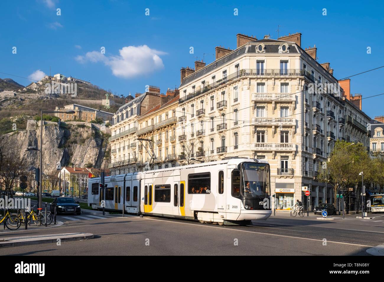 France, Isere, Grenoble, Cours Jean Jaures, Bastille Fort and Rabot Fort in  the background Stock Photo - Alamy