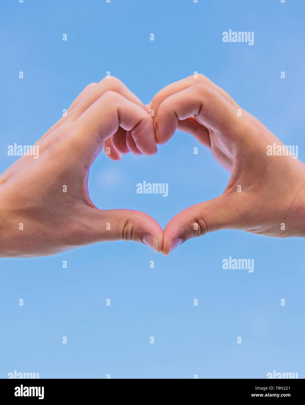 Hands put together in heart shape blue sky background. Love symbol concept.  Hand heart gesture forms shape using fingers. Male hands in heart shape  gesture symbol of love and romance Stock Photo -