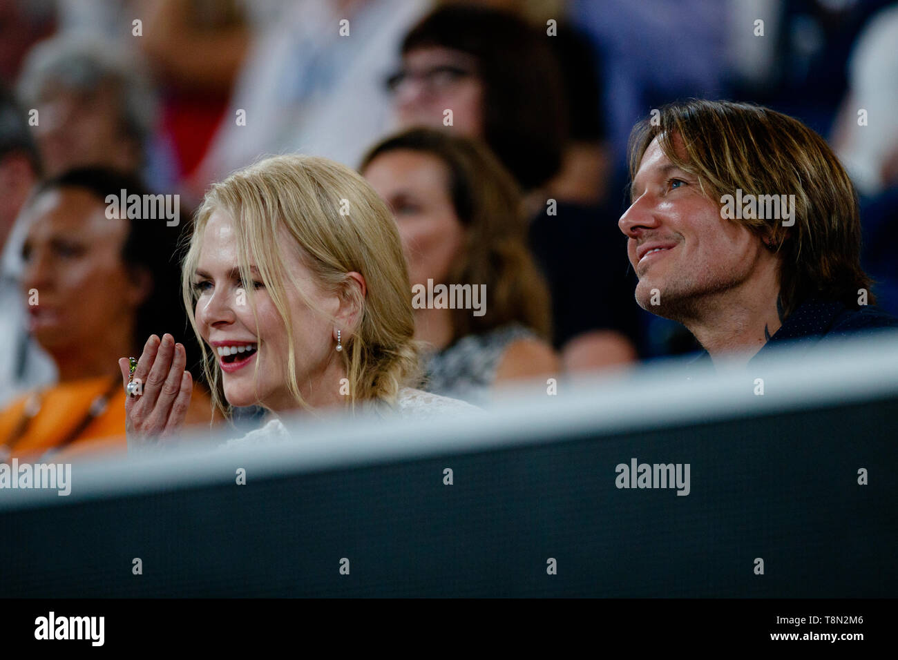 Nicole Kidman with husband Keith Urban watching a match on center court at the 2019 Australian Open. Stock Photo