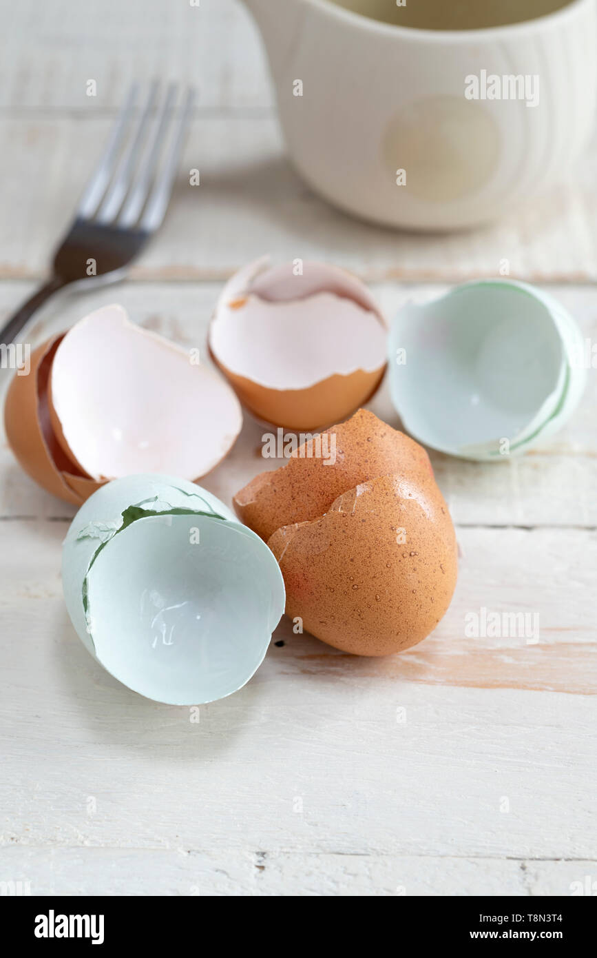 Mixed brown and blue broken egg shells. Stock Photo