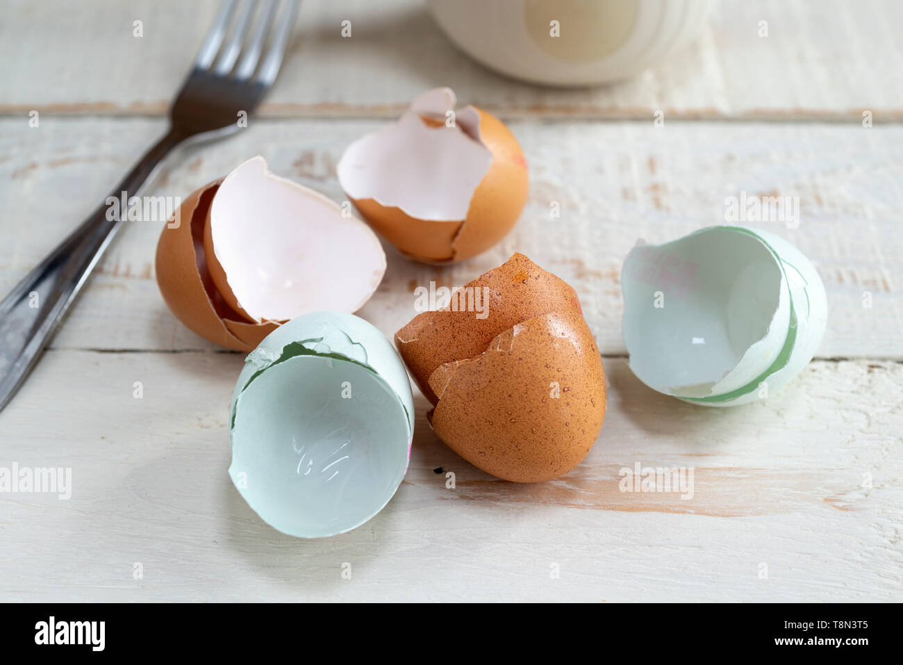 Mixed brown and blue broken egg shells. Stock Photo