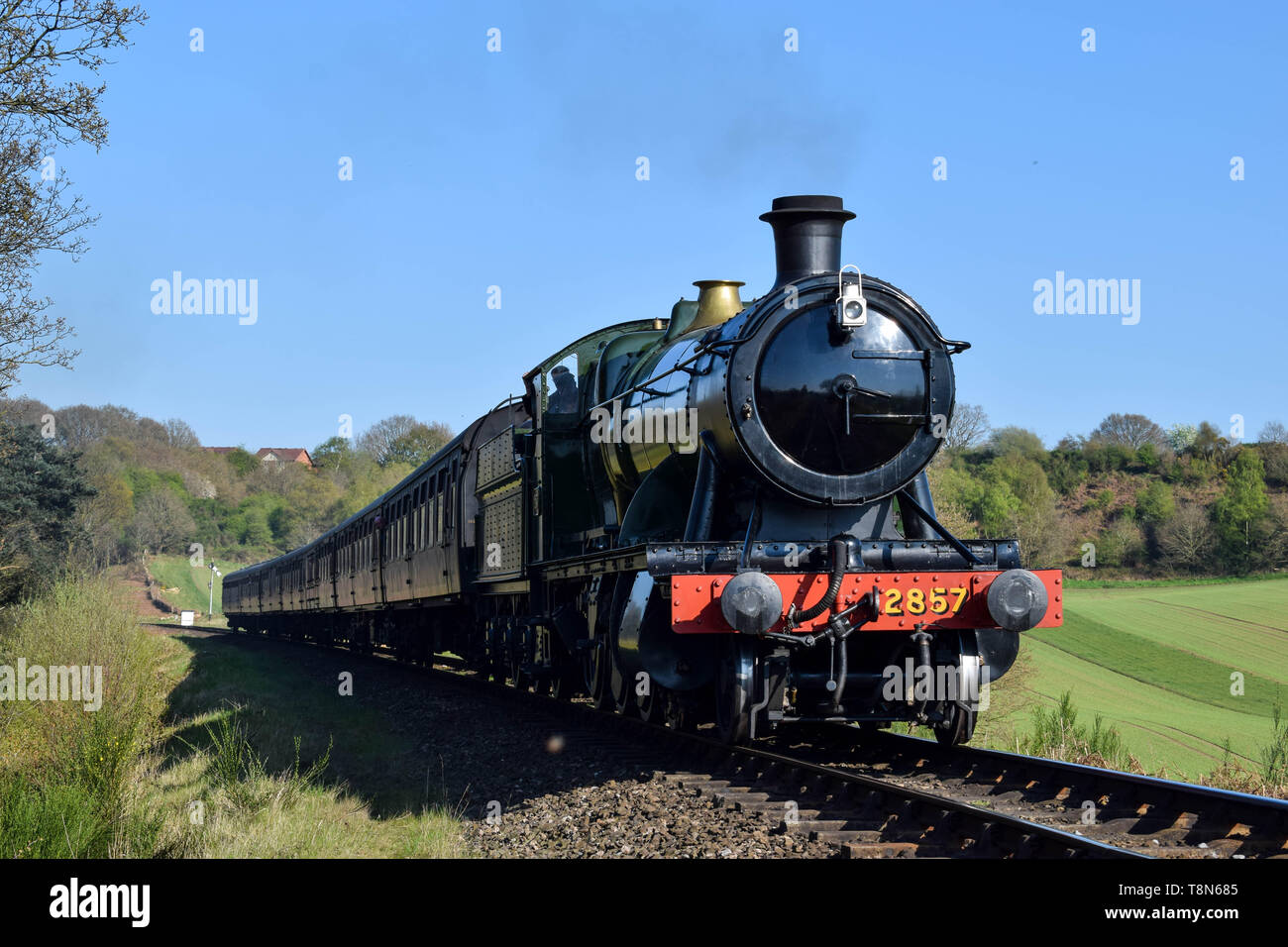 2857 Great Western Steam Locomotive approaching the small town of Bewdley in the West Midlands on the Severn Valley Railway. Stock Photo