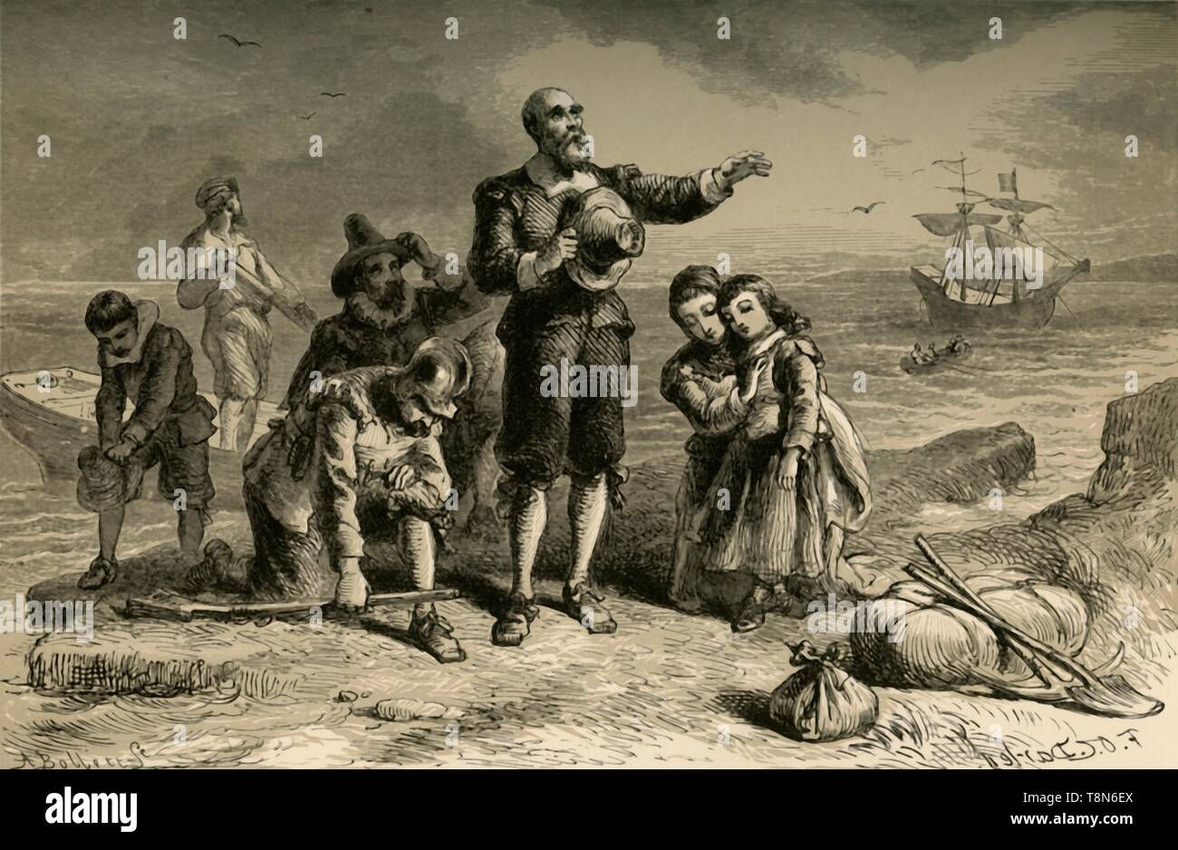 'Landing of the Pilgrims', (1877). Creator: Albert Bobbett. Stock Photo