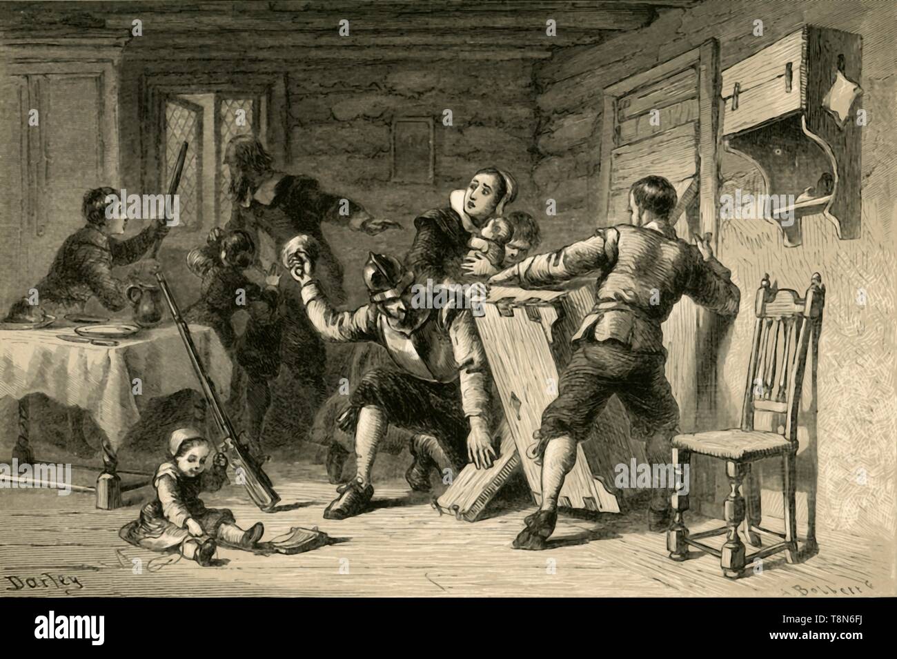 'Puritans Barricading Their House Against Indians', (1877). Creator: Albert Bobbett. Stock Photo