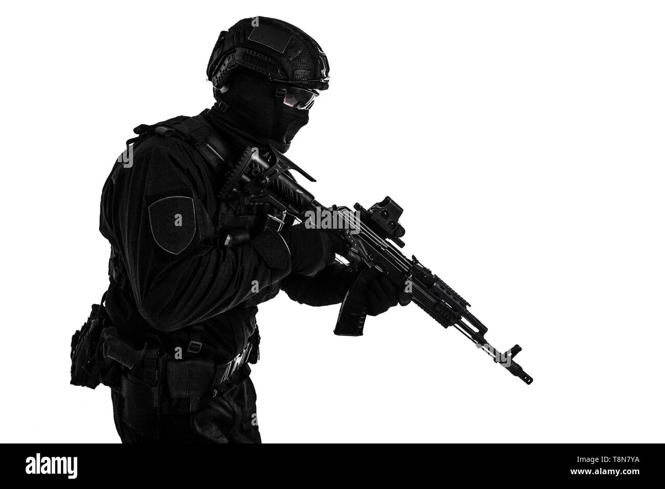 Portrait of police tactical team armed fighter Stock Photo