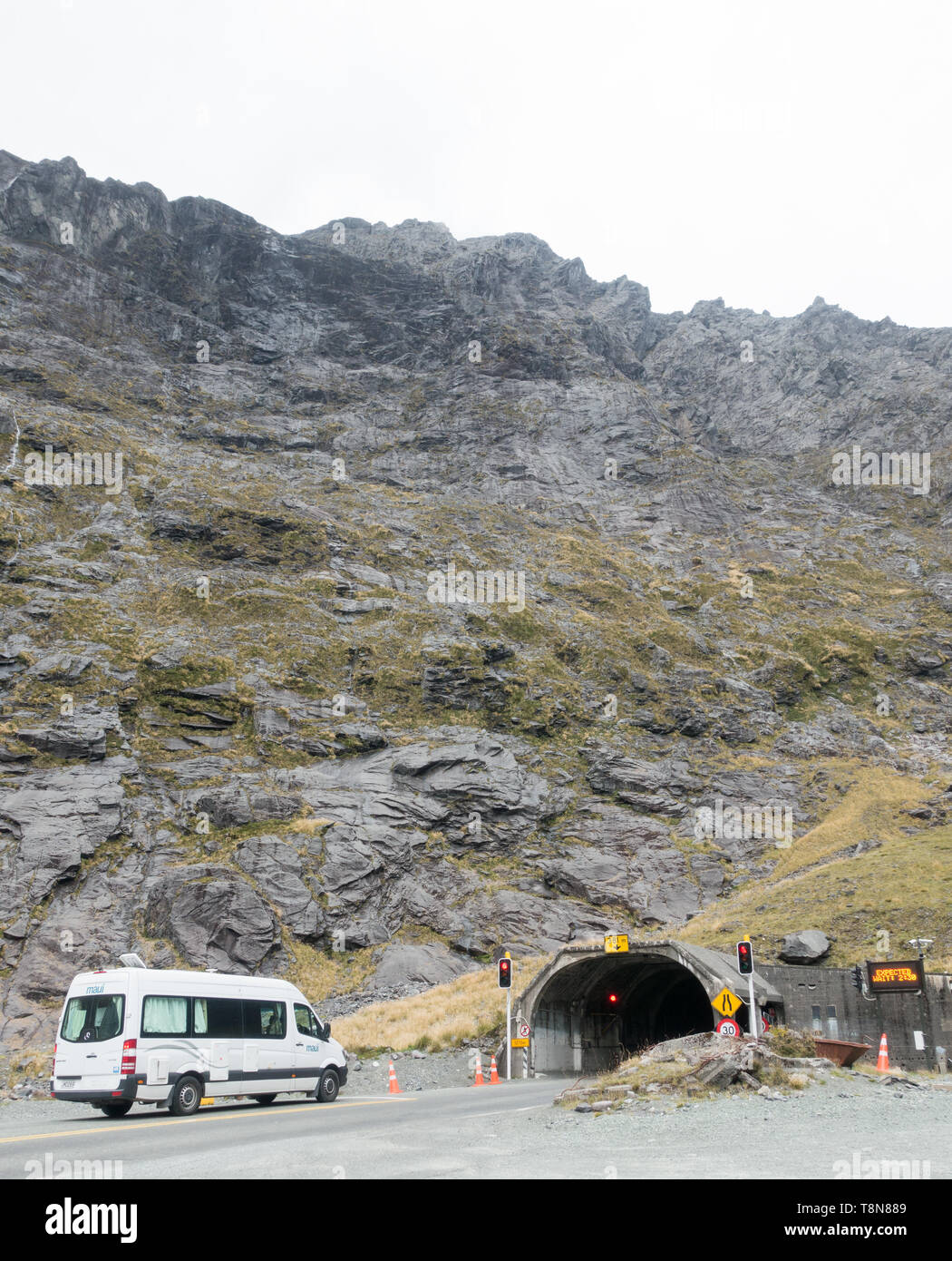 The entrance to the Homer Tunnel on the Milford Sound road. Kea parrots