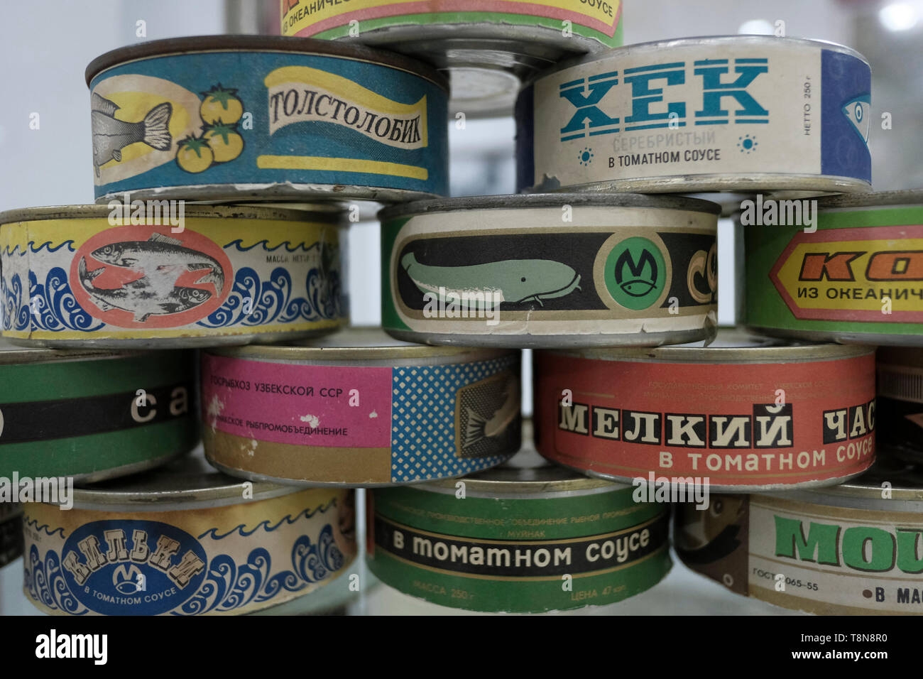 Pile of canned fish from the Soviet era displayed at the Regional