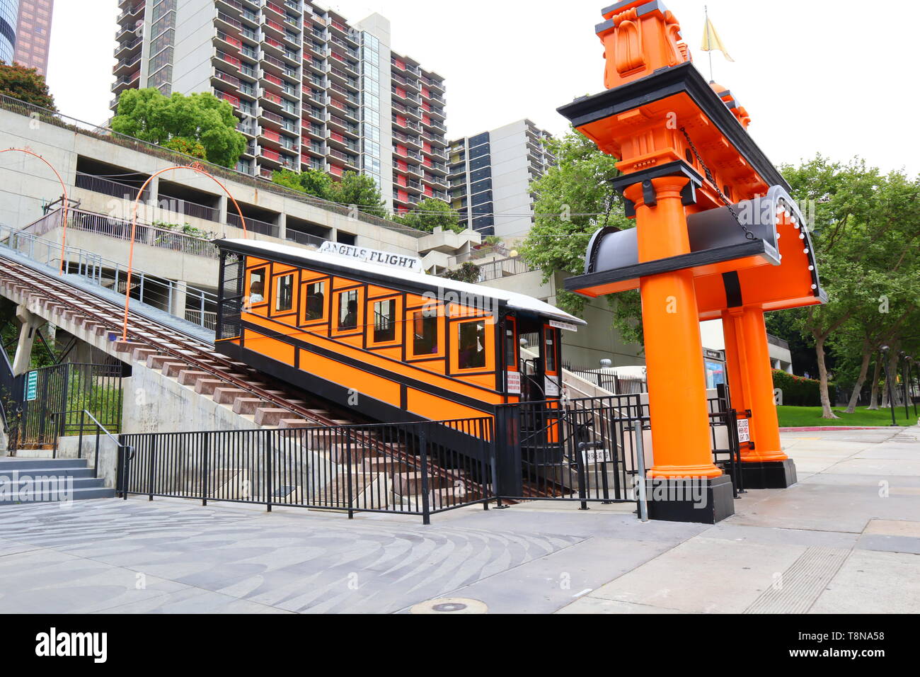 Angels Flight, the historic funicular railway located in downtown of Los Angeles - California Stock Photo