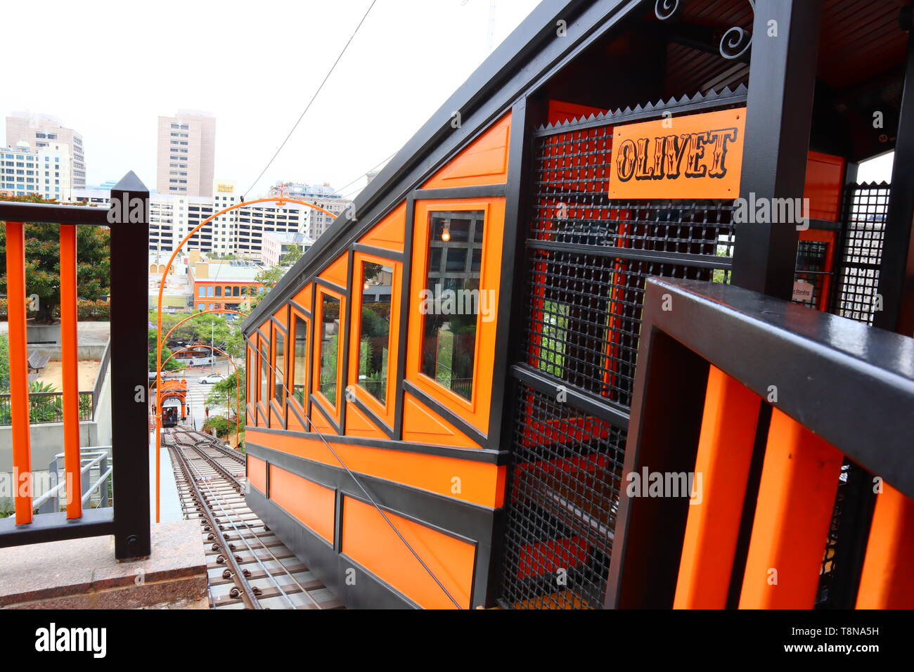 Angels Flight, the historic funicular railway located in downtown of Los Angeles - California Stock Photo