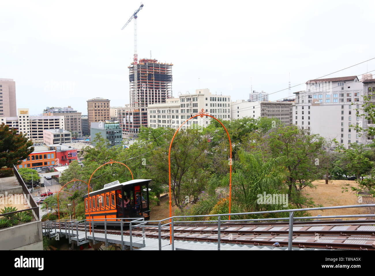Angels Flight, the historic funicular railway located in downtown of Los Angeles - California Stock Photo