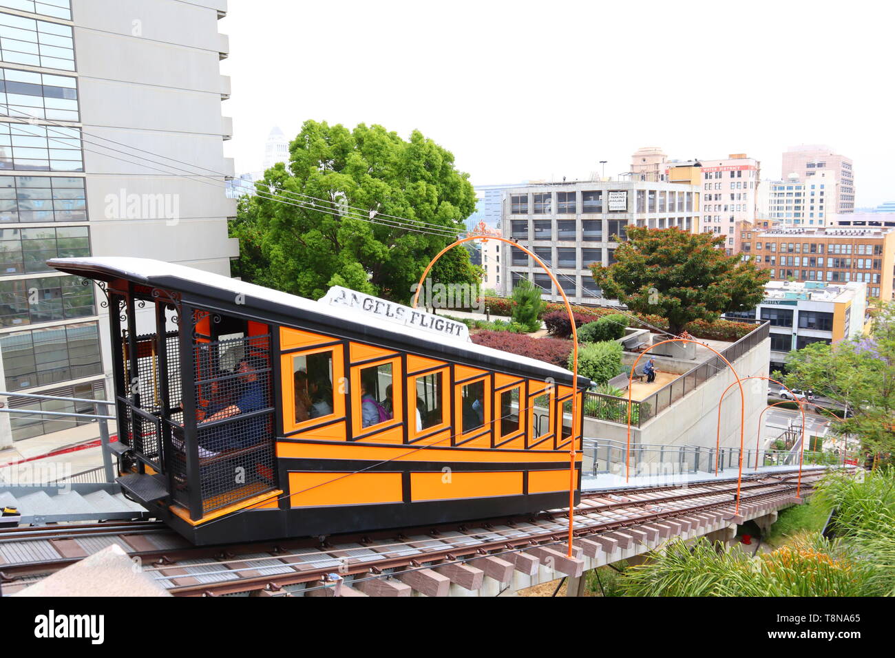 Angels Flight, the historic funicular railway located in downtown of Los Angeles - California Stock Photo