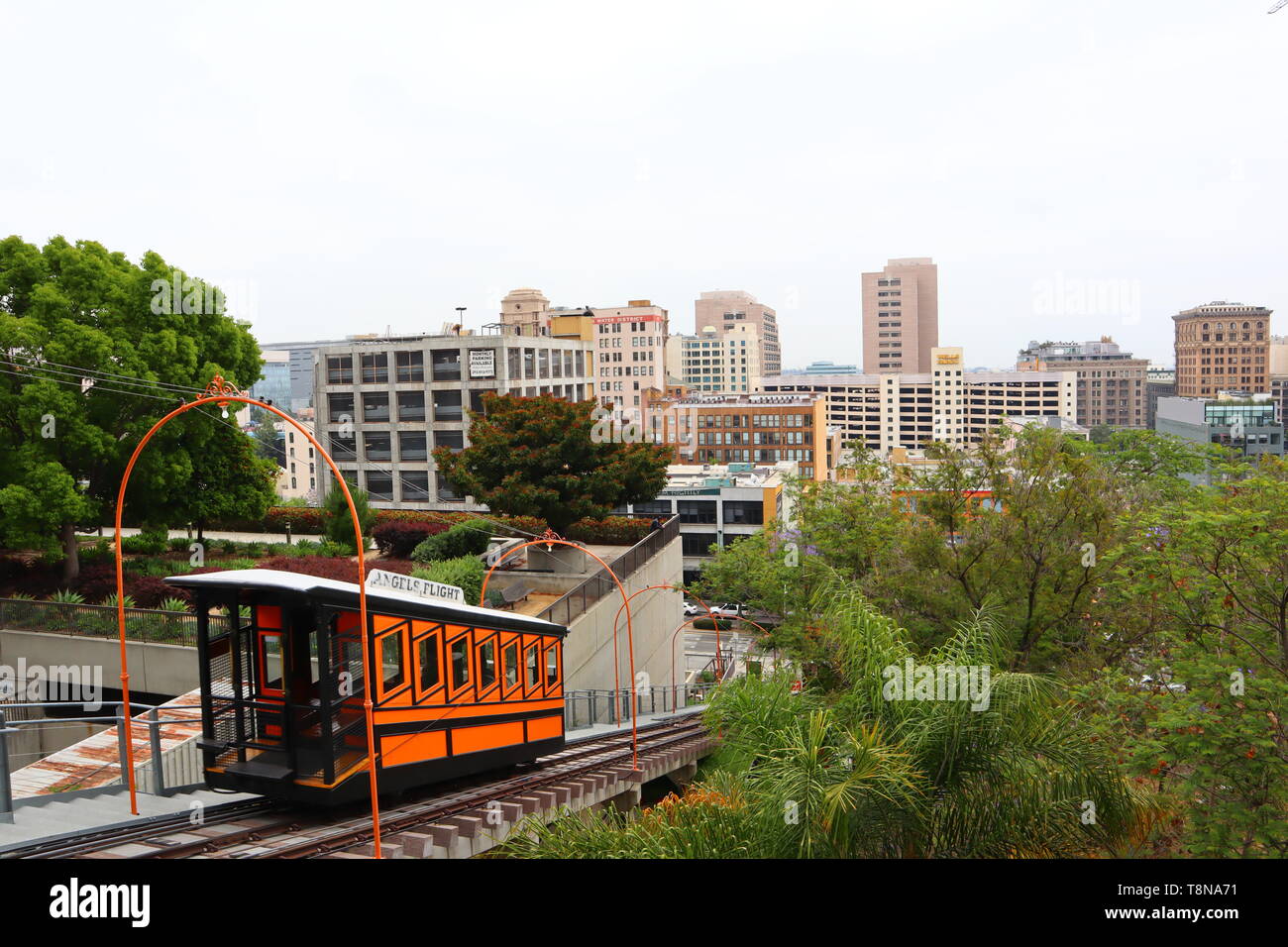 Angels Flight, the historic funicular railway located in downtown of Los Angeles - California Stock Photo