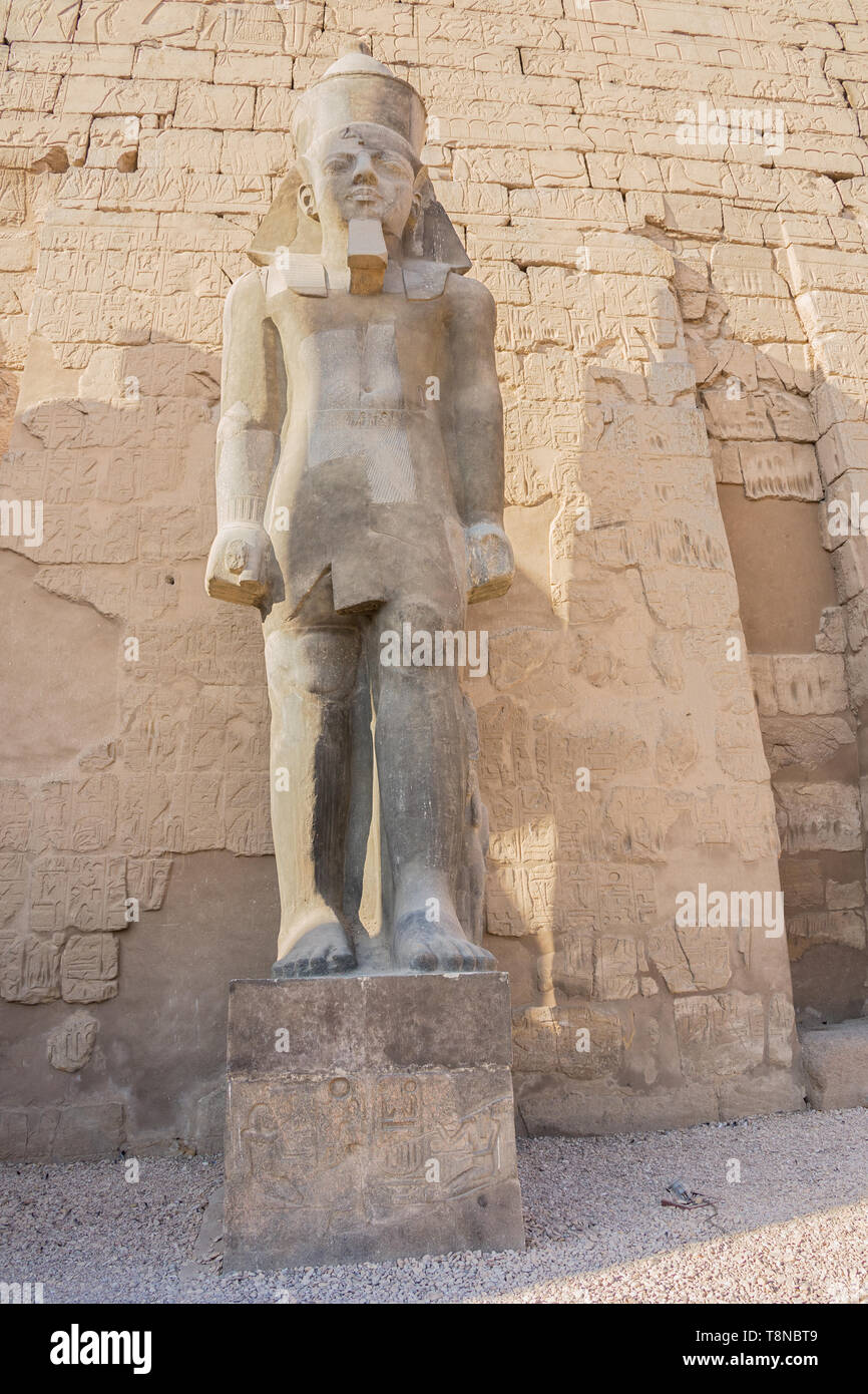 Standing in front of the statue of Ramesses II at the entrance of the temple of Luxor Stock Photo