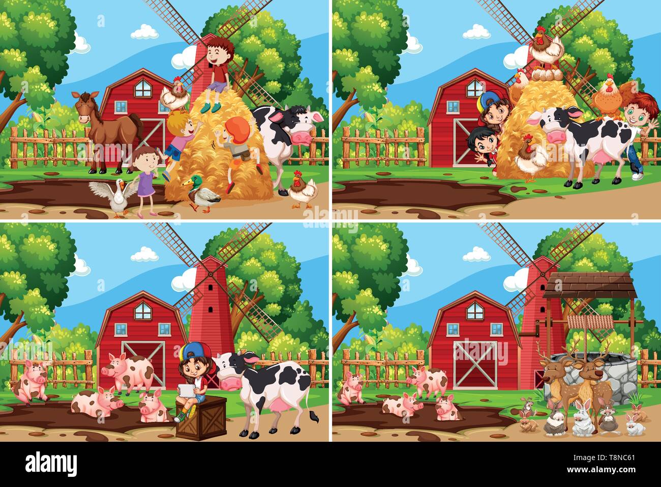 Set of children playing at farm illustration Stock Vector Image & Art ...
